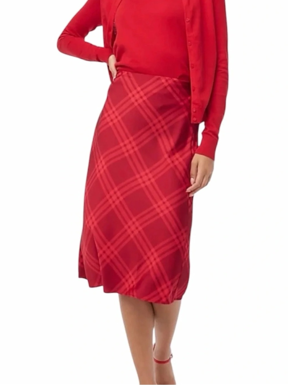 J. CREW Red Plaid Satin Midi Slip Skirt Bias Cut Preppy Holiday Size S
